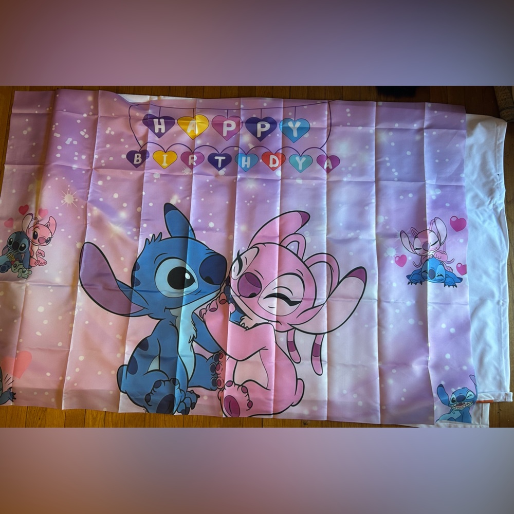 Angel & Stitch Happy Birthday backdrop, 3 x5. LILO & Stitch